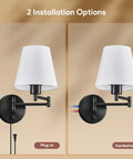 Modern Swing Arm Wall Light Plug In With White Fabric Shade, Black Metal Wall Sconce for Plug-in and Hardwired Installation