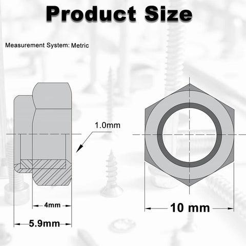 Product size diagram of M6 Nylon Insert Lock Nuts Premium Carbon Steel Hex Fasteners, 10mm width, 1mm pitch for DIY projects.