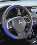 Level Up Your Slick Ride With This Premium Car Accessory Gift Bundle Featuring Thermal Blocking Auto Sunshade Two Tone Carpet Floor Mats And Ergonomic Grip Steering Wheel Cover For Trucks Vans SUVs - close-up of blue ergonomic grip steering wheel cover in a vehicle.