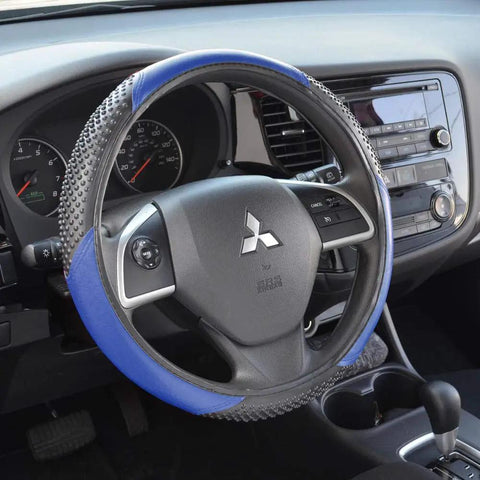 Level Up Your Slick Ride With This Premium Car Accessory Gift Bundle Featuring Thermal Blocking Auto Sunshade Two Tone Carpet Floor Mats And Ergonomic Grip Steering Wheel Cover For Trucks Vans SUVs - close-up of blue ergonomic grip steering wheel cover in a vehicle.