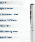Pack Of Four Mobile Wire Shelving Posts Customize Height From 8 To 86 Inches, 1 Inch Steel Upright, NSF Listed.
