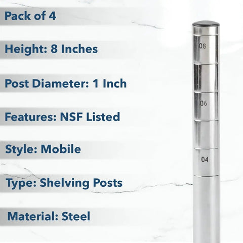 Pack Of Four Mobile Wire Shelving Posts Customize Height From 8 To 86 Inches, 1 Inch Steel Upright, NSF Listed.