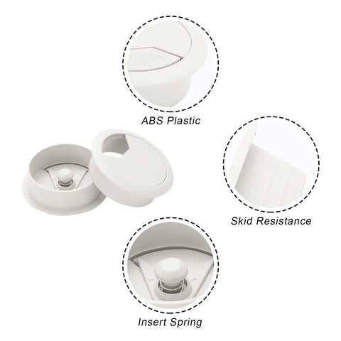 ABS plastic 2 Inch Desk Grommet Kit Five Pack No Fuss For Easy Cable Management And Wire Organization, with features and details shown.