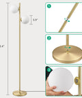 Mid Century Modern Floor Lamp With Built In LED Gold Globe, Stepless Pedal Dimmer, Two Frosted Glass Shades, Tall Corner
