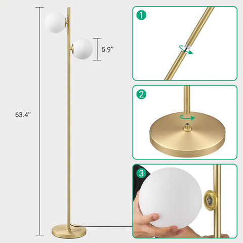 Mid Century Modern Floor Lamp With Built In LED Gold Globe, Stepless Pedal Dimmer, Two Frosted Glass Shades, Tall Corner