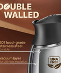 Close-up of double-walled design and BPA-free mark on Thermal Insulated Coffee Carafe Pitcher 51 Oz Vacuum Double Walled Stainless Steel Thermos Keeps Your Coffee Tea Cocoa Water Hot For 12 Hours And Cold For 24 Hours BPA Free Easy Pour Beverage Server With Cleaning Brush.