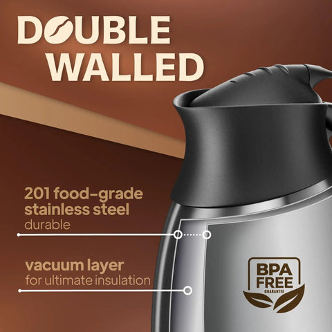 Close-up of double-walled design and BPA-free mark on Thermal Insulated Coffee Carafe Pitcher 51 Oz Vacuum Double Walled Stainless Steel Thermos Keeps Your Coffee Tea Cocoa Water Hot For 12 Hours And Cold For 24 Hours BPA Free Easy Pour Beverage Server With Cleaning Brush.