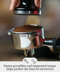 54mm portafilter and integrated tamper highlighting the Super Solid Game Changer All In One Espresso Machine with Built In Grinder.