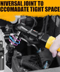 Hella Badass 3/8 Inch Air Ratchet Wrench Set With 1/2 Drive Adapter and Six Precision Sockets, ergonomic grip for tight spaces.
