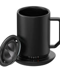 Self Heating Coffee Mug 12 Oz Stainless Steel Travel Tumbler With Rechargeable Charging Base And Lid, black color with lid and base.