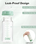 Knock Out Wide Neck Glass Breastmilk Bottles Two Pack With Secure Screw Ring And Removable Marking Lid Bpa Free No Sweat Safe For Pumping And Storing Fresh Milk In Clean Green Finish, showing leak-proof design with silicone sealing and borosilicate glass.