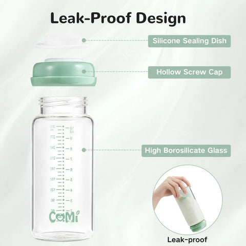 Knock Out Wide Neck Glass Breastmilk Bottles Two Pack With Secure Screw Ring And Removable Marking Lid Bpa Free No Sweat Safe For Pumping And Storing Fresh Milk In Clean Green Finish, showing leak-proof design with silicone sealing and borosilicate glass.