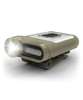 Tan Ultra Lightweight Clip On Cap Light 65A Plus USB C Rechargeable 230 Lumen LED Compact Headlamp with bright LED on.