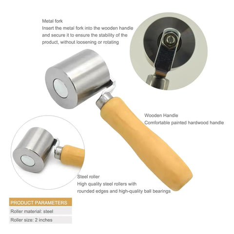 Metal seam roller with wooden handle; steel 2-inch roller for RV roof tape and welding applications