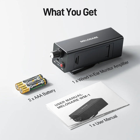 Wired In-Ear Monitor Amplifier With XLR And TRS Inputs, Mono And Stereo Modes, battery, and user manual on display.