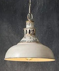 Distressed White Barn Pendant Light With Chain And Canopy, 14 Inch Diameter, 15 Inch Height, hanging against dark wall