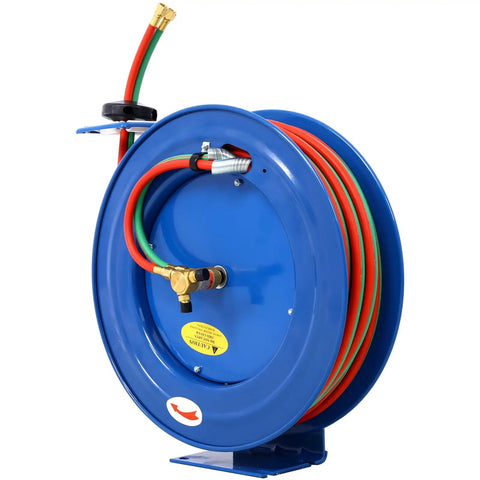 Retractable Welding Hose Reel With 1 Quarter Inch By 100 Foot Twin Oxygen And Acetylene Rubber Hoses 200 PSI Max Heavy Duty