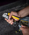 Pro Grade Heavy Duty Compression Crimper for Wire and Coaxial Cabling with Indoor and Outdoor Use held in hand on workbench