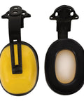 Job Site Tough Safety Hard Hat Ear Muffs With Integrated Noise Blocking Cups For Industrial Hearing Protection And Heavy Duty Construction Environments, yellow and black ear muffs.