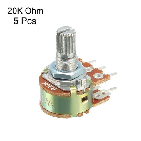 20K Ohm Dual Turn Rotary Potentiometer With Carbon Film Taper, 5 Pieces, showing knurled shaft and terminals, 6.7mm thread