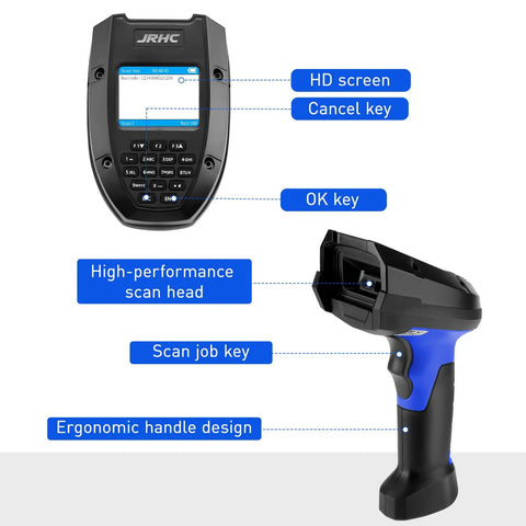Front view of Handheld 1D And 2D Wireless Barcode Scanner with HD screen and ergonomic design for inventory management.