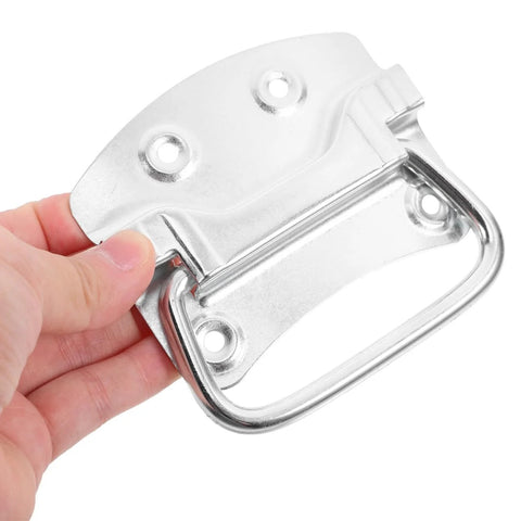 Person holding 2 Pack Heavy Duty Chest Handles Zinc Plated Case Pull Handles for toolbox, trash can, cabinet, silver iron ring design.