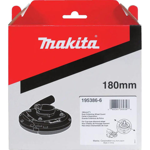 Makita 180mm box with diagram of dust extraction surface grinding shroud, compatible with 7" & 9" grinders