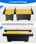 Overhead Garage Storage Rack With 17 Inch Black Rails Heavy Duty Ceiling Mount Bin Holder For 7 To 27 Gallon Tote Bins Up To 350 Lbs Per Set 4 Pack Easy Garage Organization And Shelving System featuring T-shaped design, black and yellow bins, close-up view
