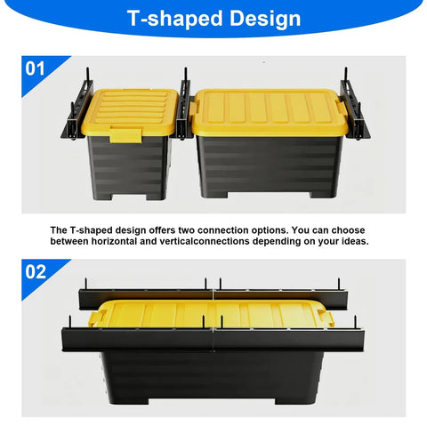 Overhead Garage Storage Rack With 17 Inch Black Rails Heavy Duty Ceiling Mount Bin Holder For 7 To 27 Gallon Tote Bins Up To 350 Lbs Per Set 4 Pack Easy Garage Organization And Shelving System featuring T-shaped design, black and yellow bins, close-up view