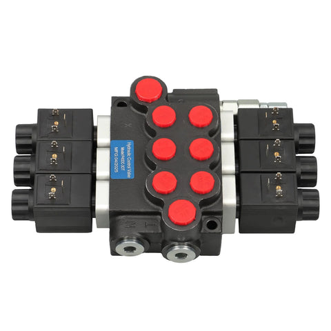 Front view of Timunr hydraulic 3-spool solenoid valve, 12V DC, black body with red caps and port fittings