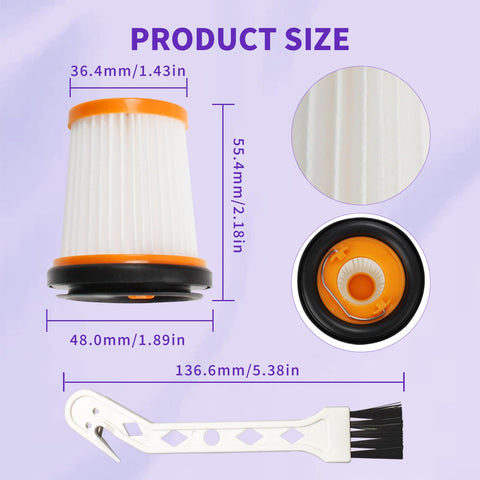 Dimensions of 6 Pack WV201 Wandvac Filter Replacement For Your Hand Vac ION W1 S87 WV200 WV201 WV205 UV200CCO with brush