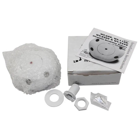 Ultrasonic Ceiling Occupancy Sensor for 1100 Sq Ft Coverage, White Color, packaged with installation kit and instructions