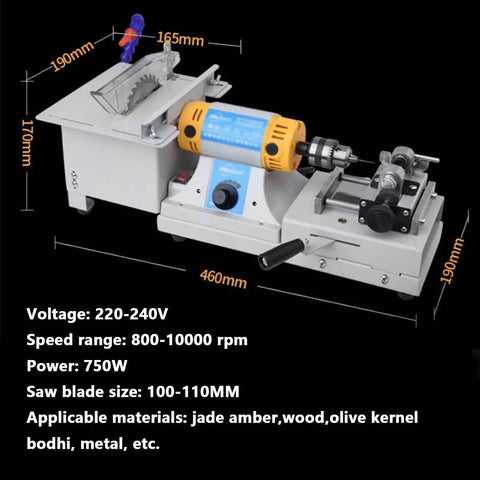 750W 3-In-1 Jewelry Buffing Polisher Grinder For DIY Gem Setting And Stone Work with power specifications and dimensions shown