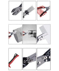 Five Metal Sheet Crimping Tool Made From High Carbon Steel With Ergonomic Nonslip Handle demonstrates use on gutter fittings.