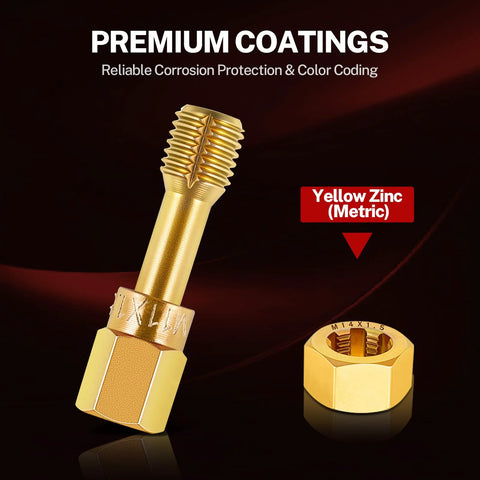 TOMMARS metric thread chaser tool with yellow zinc coating and matching hex nut (two-piece shown).