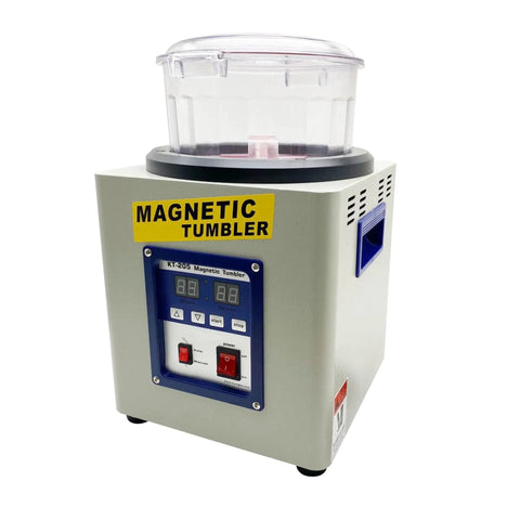 Pro Grade Hardcore Electric Magnetic Tumbler Polisher with timer controls, used for jewelry deburring and metal polishing.