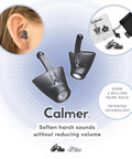Calmer Noise Reducing Ear Plugs Silicone Reusable displayed with usage and packaging, ideal for sound sensitivity and travel focus.