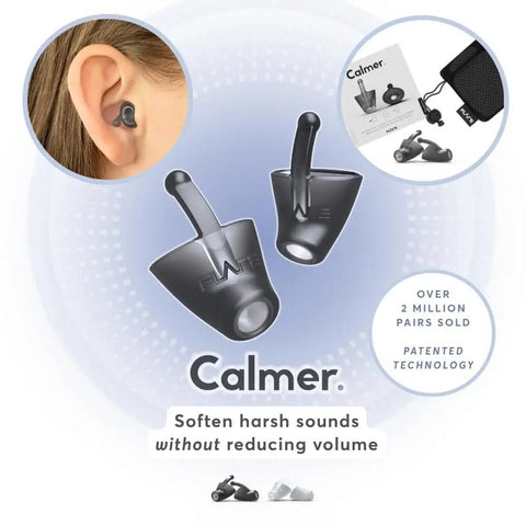Calmer Noise Reducing Ear Plugs Silicone Reusable displayed with usage and packaging, ideal for sound sensitivity and travel focus.