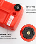 3 Gallon Portable Boat Fuel Tank With Hose And Gauge 12L Transfer Tank For Outboard Motors Yachts And Deck Boats Easy Gas Up Onboard High Capacity Fuel Storage For Fishing Boats And On The Go showing screw cap and built-in filter features