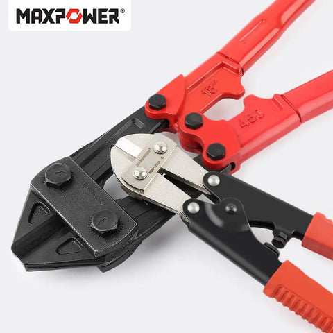Heavy Duty Bolt Cutter Set 18 Inch And 8 Inch Mini Bolt Cutters With Chrome Molybdenum Steel Blades, drop forged joints, anti-rust finish, rubber grips, cuts tough bolts, and chains; showing cutter heads.