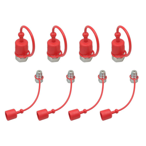 Four red 1/2-inch ISO 5675 hydraulic quick-connect couplers with matching red caps and lanyards.