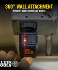 Magnetic Pocket Laser Level with 360 Degree Wall Attachment projecting red laser line, shows 3 bubble vials, used for alignment