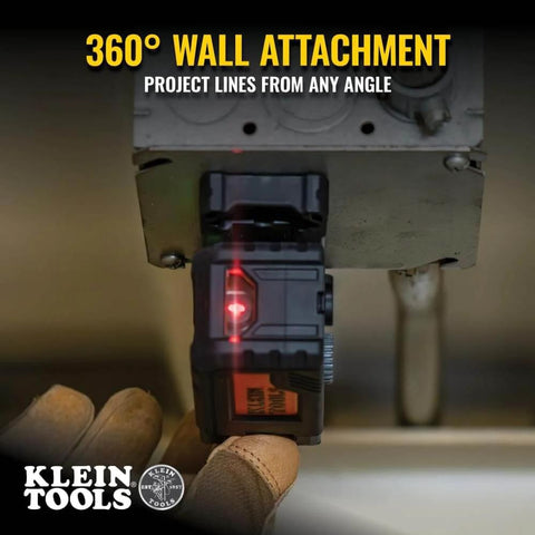 Magnetic Pocket Laser Level with 360 Degree Wall Attachment projecting red laser line, shows 3 bubble vials, used for alignment
