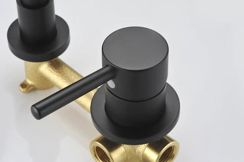 Wall Mount Bathroom Faucet Matte Black With RoughIn Valve Included Solid Brass Valve Body Corrosion And Tarnish Resistant Finish Vessel Sink Ready HighFlow Design Model S1385DI BuiltToLast Easy Install with matte black handle and brass connections.
