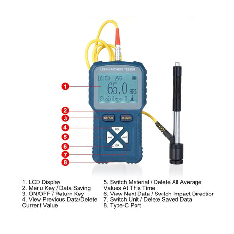 Nimble And No Fuss Portable Hardness Tester For Metals Quick Convert HLD HB HV HRA HRB HRC Digital Durometer Kit display and probe.