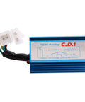 AC 6 Pin Racing CDI Box For CG125 150cc 200cc 250cc Vertical Engines, Plug And Play Replacement For ATV Dirt Bike Go Kart Scooter Motorcycle, 4 Plus 2 Pin Male Plug, Durable CDI Module, close-up view of blue unit with white connector