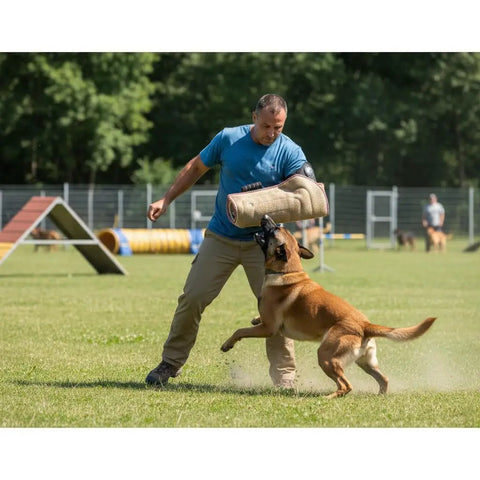 Trainer using Dog Bite Sleeve Training Pro Grade For Large Dogs Heavy Duty Jute Gear With Safe Padded Arm Sleeve Great For Pit Bull German Shepherd K9 Puppies And Young Dogs Tugging Biting Play Pink Trim outdoors