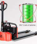 Heavy Duty Electric Pallet Jack With 3300 Lbs Capacity And Thick Alloy Frame For Factory Warehousing Plus Silent Wheels And 24 Volt Lithium Battery, showing battery specifications.