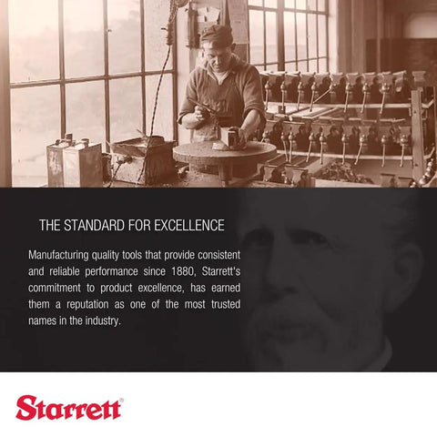Vintage workshop scene with craftsman using Starrett tools, featuring historical text about manufacturing excellence.