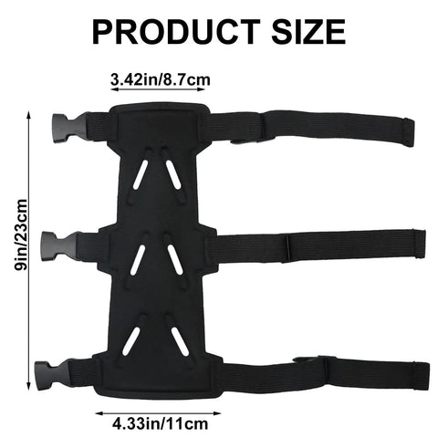 Adjustable Archery Arm Guard Bracer For Unisex Archers Lightweight Forearm Protector with three straps, product size shown.